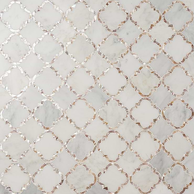 Cassie Chapman Eva White 4" Polished Marble & Mother of Pearl Arabesque Mosaic Tile