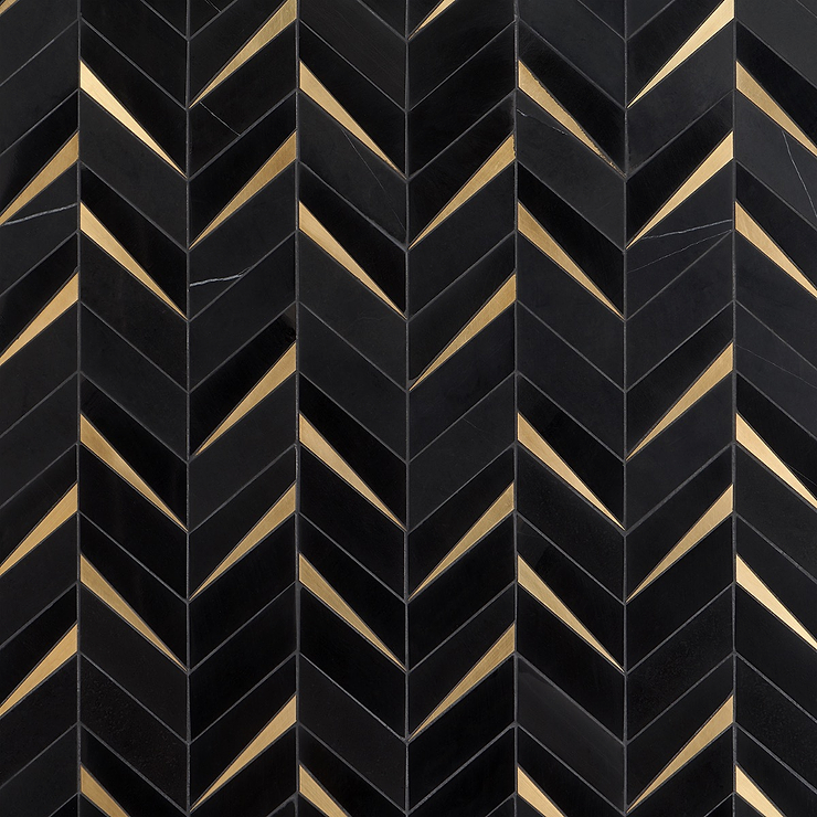 Vara Nero Polished Marble and Brass Mosaic Tile