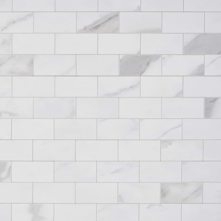 Calacatta LPS White 2x4 Brick Solid Core Peel & Stick Self Adhesive Marble Look Matte Tile