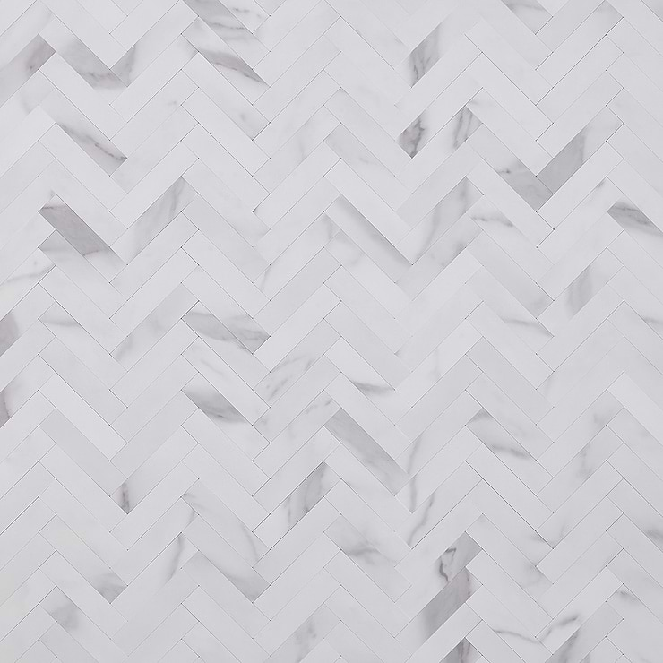 Calacatta LPS White Herringbone Seamless Solid Core Peel & Stick Self Adhesive Marble Look Matte Mosaic Tile