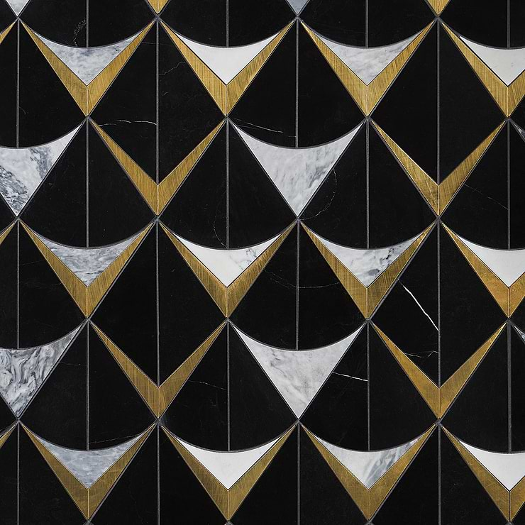 Regis Nero Waterjet Polished Marble Mosaic Tile- Black and Brass