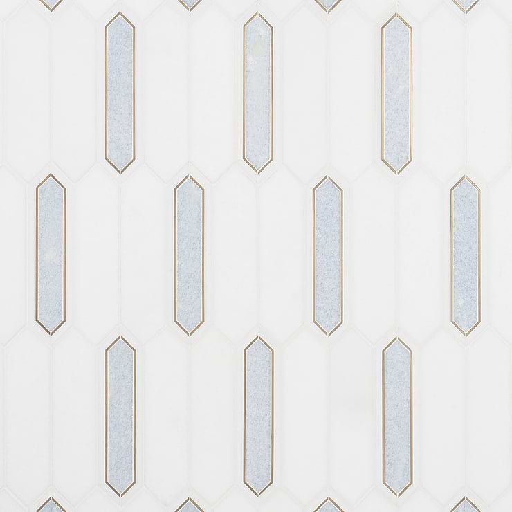 Zeus Blue Celeste 2x8 Picket Polished Marble and Brass Waterjet Mosaic Tile