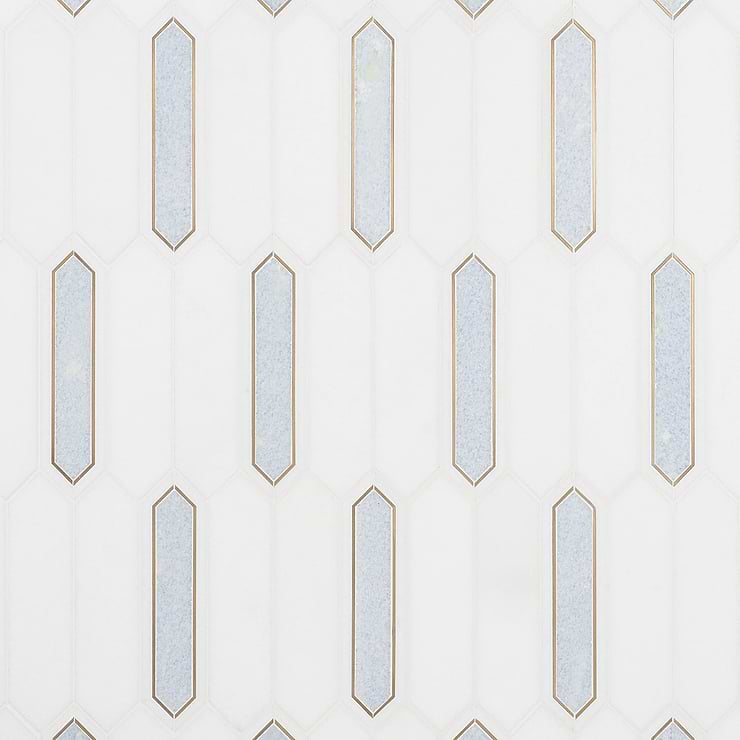 Zeus Blue Celeste 2x8 Picket Polished Marble and Brass Waterjet Mosaic Tile