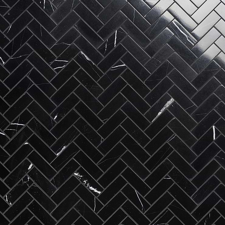 Nero Marquina 1x3 Herringbone Polished Marble Mosaic Tile