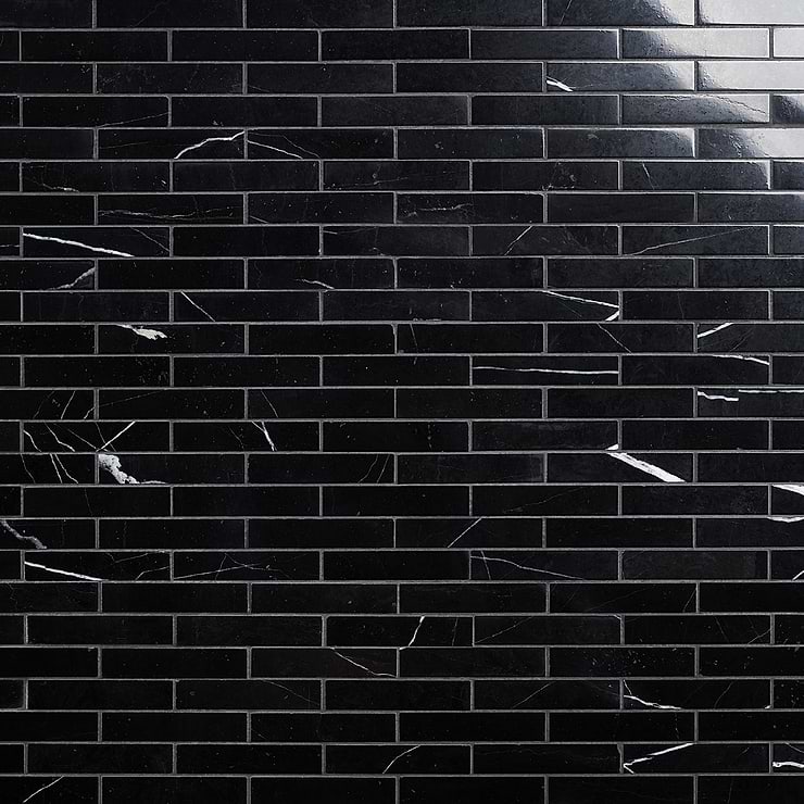Nero Marquina 1x4 Piano Brick Polished Marble Mosaic Tile