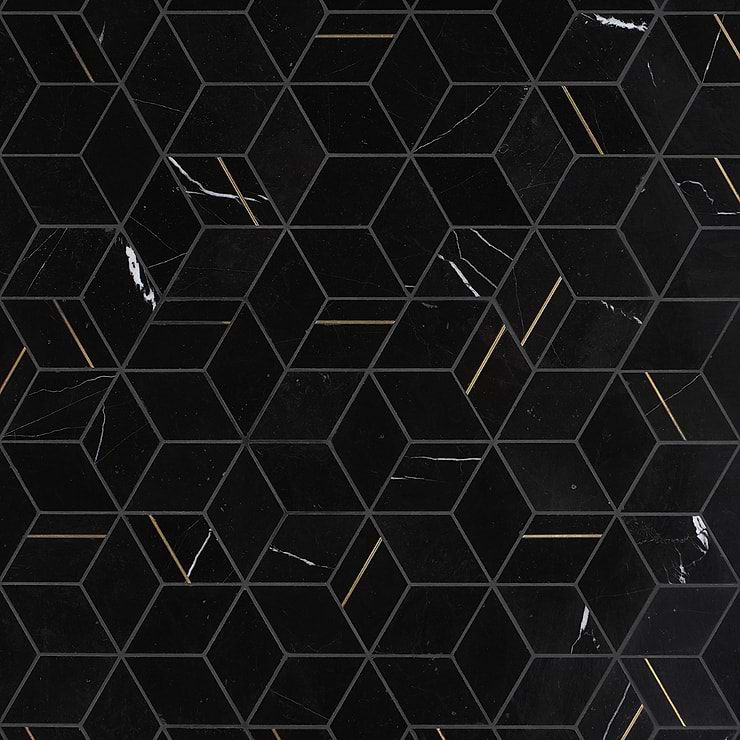 Morgana Nero Polished Marble and Brass Mosaic Tile