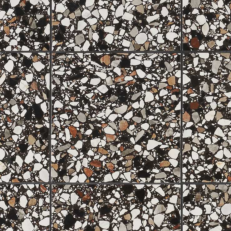 Chips Macro Nero Black 8x8 Terrazzo Look Matte Porcelain Tile