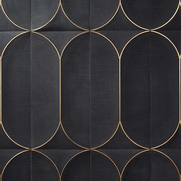 Calypso 3D Carved Nero Black Brass Inlay 8x16 Textured Honed Marble Limestone Tile