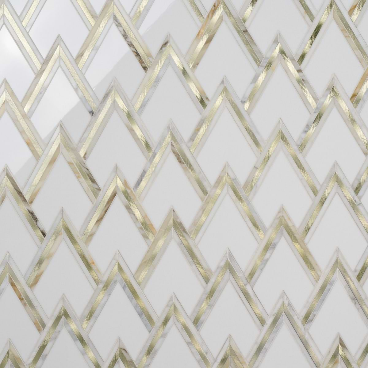 VZAG White and Gold 6" Polished Marble & Brass Mosaic Tile by Vanessa Deleon