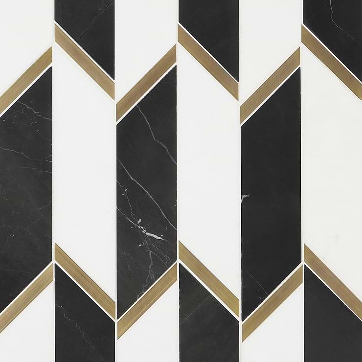 Fitz Classic Black & White Polished Marble & Brass Mosaic Tile