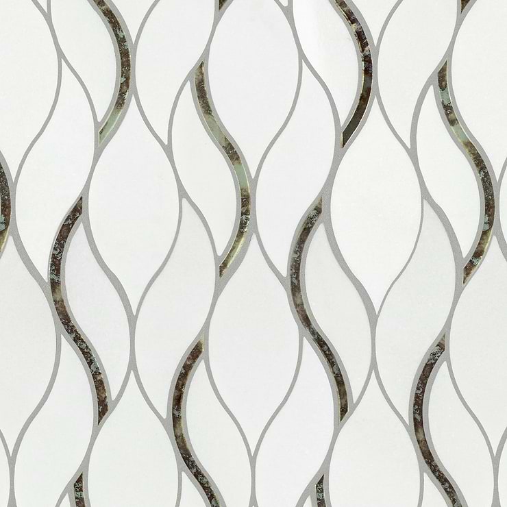 Euphoria Glass Lynx Silver Waved Teardrop Polished Thassos Marble Mosaic Tile