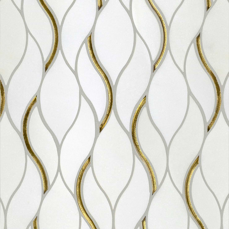 Euphoria Glass Lynx Gold Waved Teardrop Polished Thassos Marble Mosaic Tile