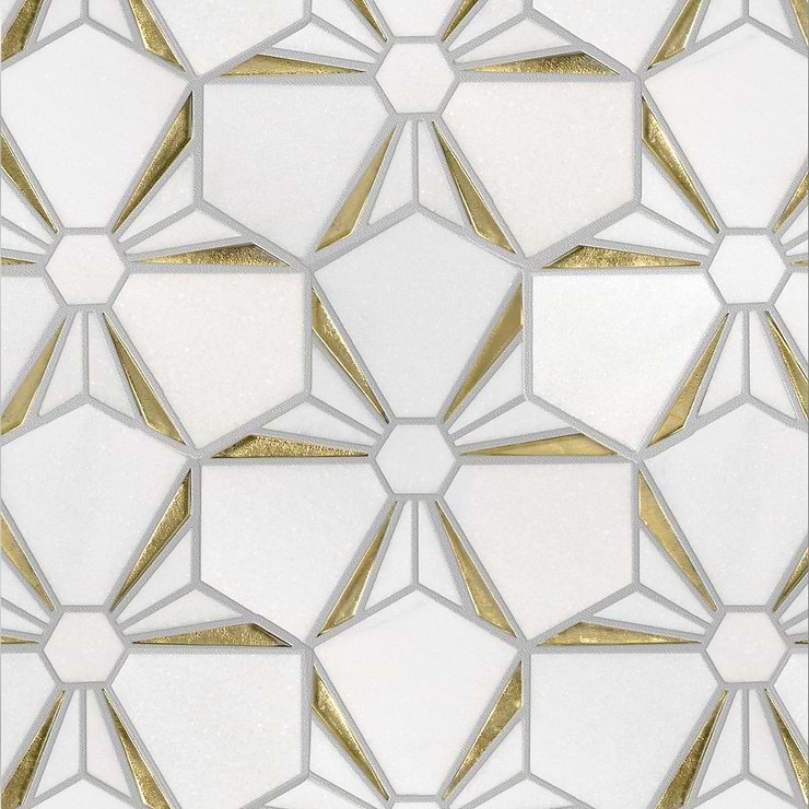 Euphoria Glass Arctic Gold Mixed Hexagon Polished Thassos Marble Mosaic Tile