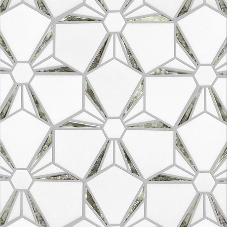 Euphoria Glass Arctic Silver Mixed Hexagon Polished Thassos Marble Mosaic Tile