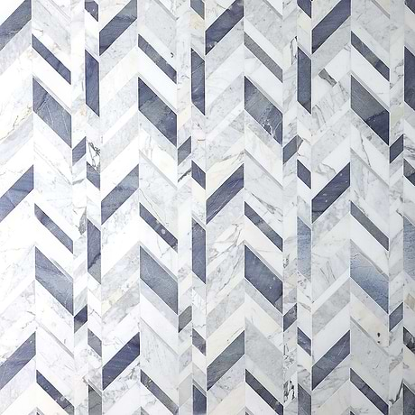 Amari Azur Polished Marble and Aluminum Chevron Mosaic Tile- Blue- White- Silver