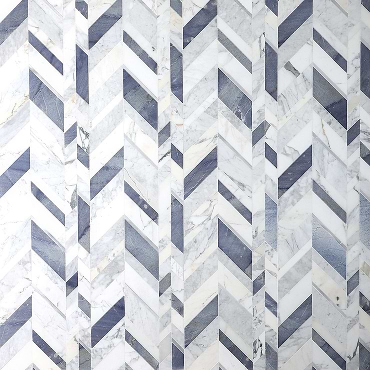 Amari Azur Polished Marble and Aluminum Chevron Mosaic Tile- Blue- White- Silver