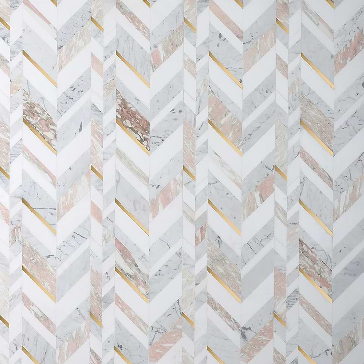 Amari Rosa Polished Marble and Brass Chevron Mosaic Tile