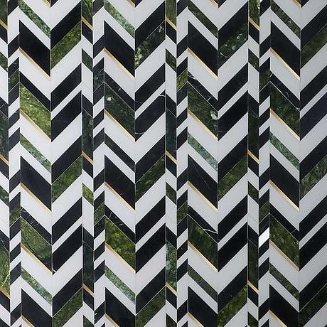 Amari Verde Green Jade Polished Marble and Brass Chevron Mosaic Tile