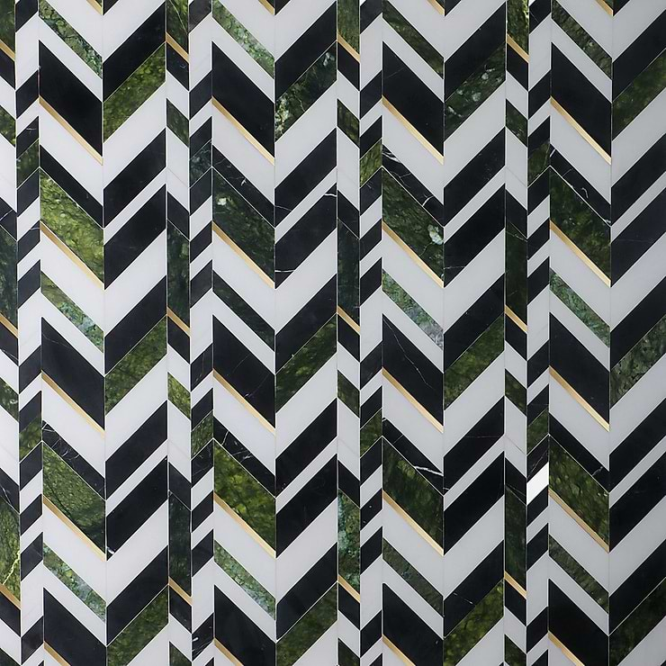 Amari Verde Green Jade Polished Marble and Brass Chevron Mosaic Tile