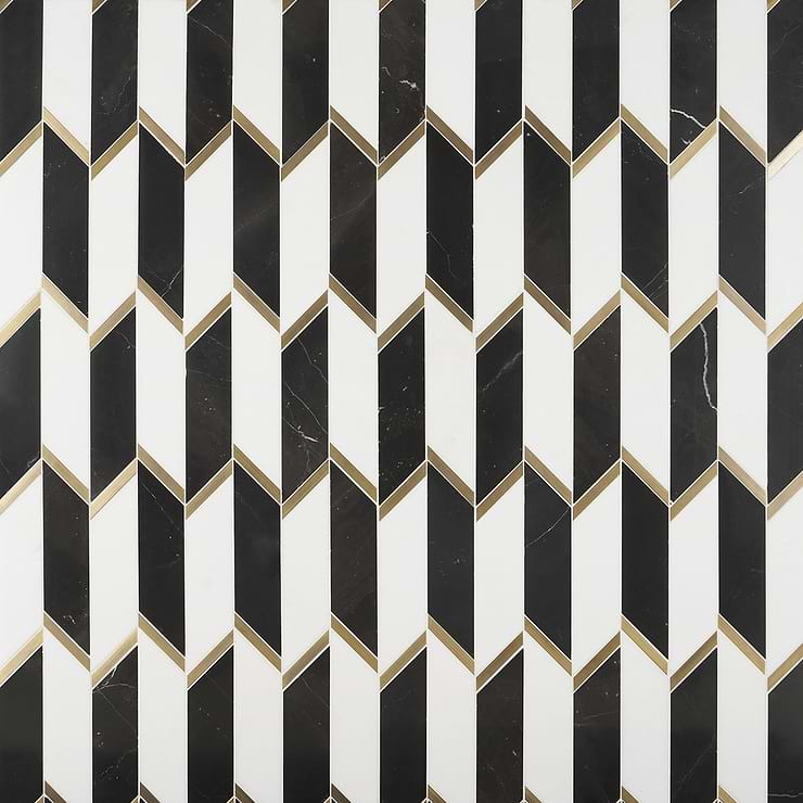 Fitz Classic Black & White Polished Marble & Brass Mosaic Tile