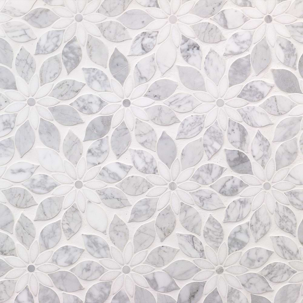 Wildflower Winds Breath White Thassos and Carrara Marble Polished Tile