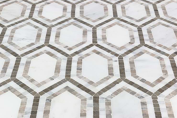 Infinity Asian Hexagon With Temple Gray Asian and Lagos Marble Tile