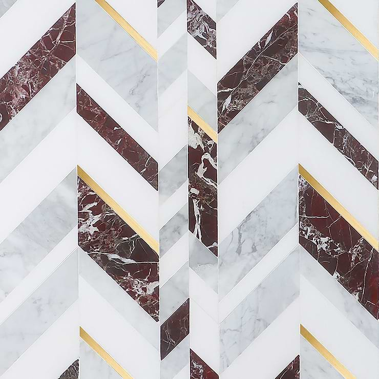 Amari Bordeaux Polished Marble and Brass Chevron Mosaic Tile