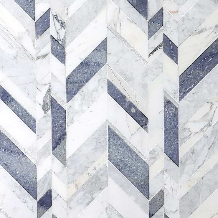 Amari Azur Polished Marble and Aluminum Chevron Mosaic Tile- Blue- White- Silver