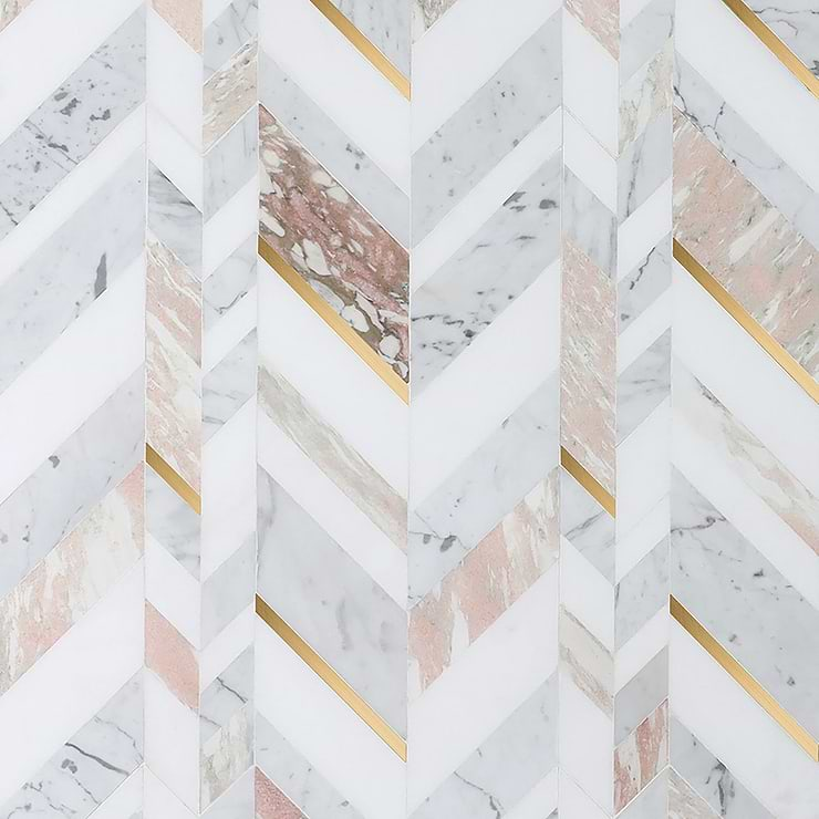 Amari Rosa Polished Marble and Brass Chevron Mosaic Tile