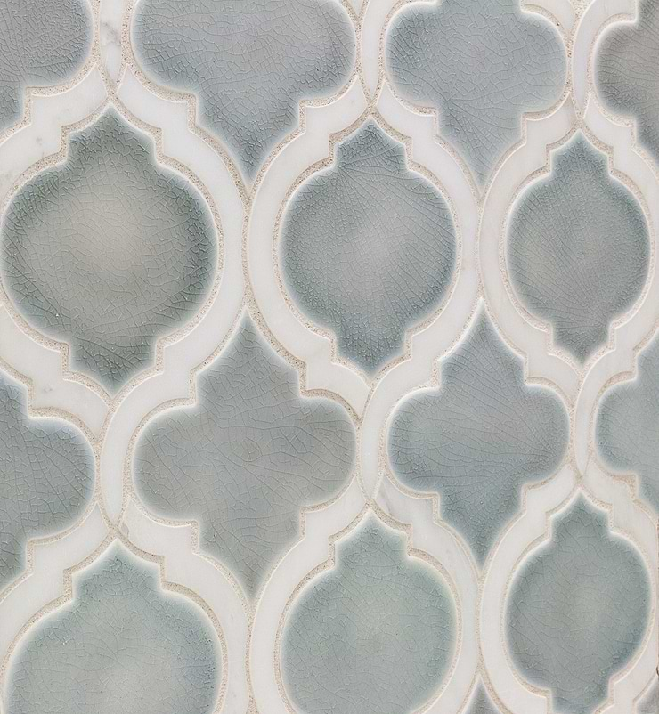 Nabi Arabesque Arctic Blue 4" Crackled Mixed Finish Glass & Marble Mosaic Tile