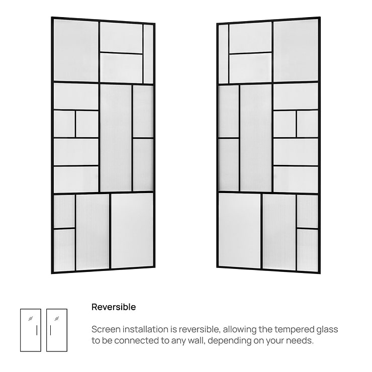 Finestra 34x74" Reversible Fixed Shower Door with Mondrian Grid Fluted Glass in Matte Black