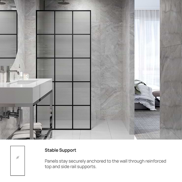 Finestra 34x74" Reversible Fixed Shower Door with Grid Fluted Glass in Matte Black