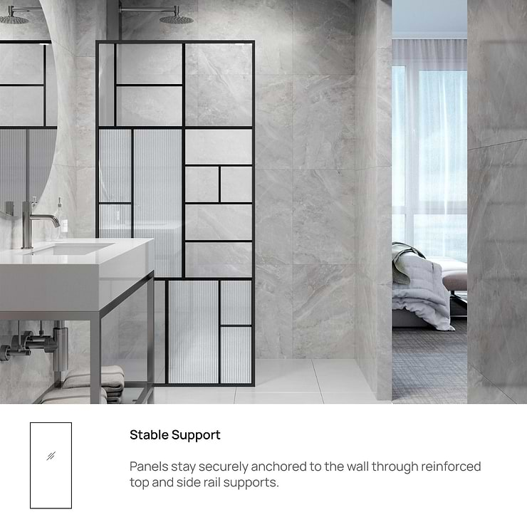 Finestra 34x74" Reversible Fixed Shower Door with Mondrian Grid Fluted Glass in Matte Black