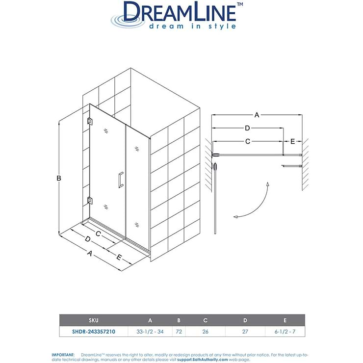 DreamLine Unidoor Plus 33.5-34x72" Reversible Hinged Shower Alcove Door with Clear Glass in Brushed Nickel