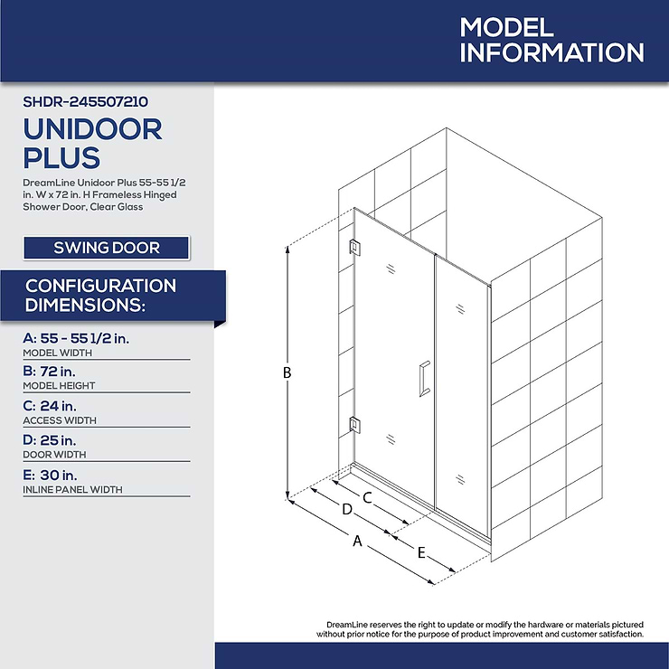 DreamLine Unidoor Plus 55-55.5x72" Reversible Hinged Shower Alcove Door with Clear Glass in Brushed Nickel