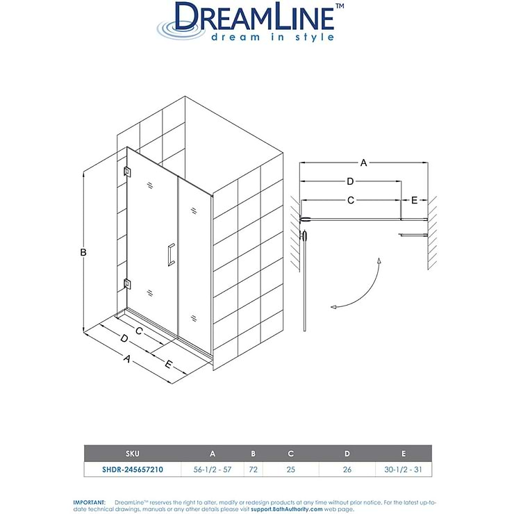 DreamLine Unidoor Plus 56.5-57x72" Reversible Hinged Shower Alcove Door with Clear Glass in Satin Black