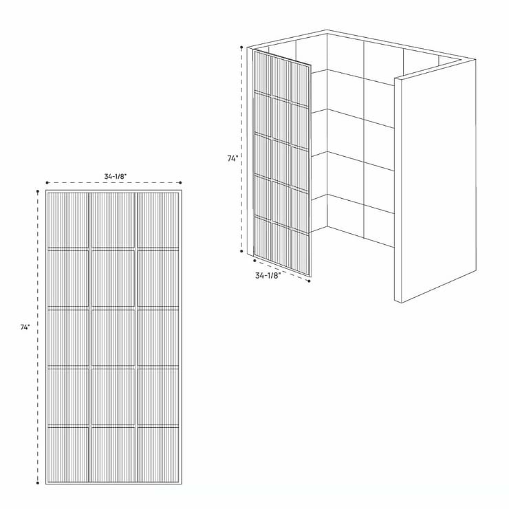 Finestra 34x74" Reversible Fixed Shower Door with Grid Fluted Glass in Matte Black
