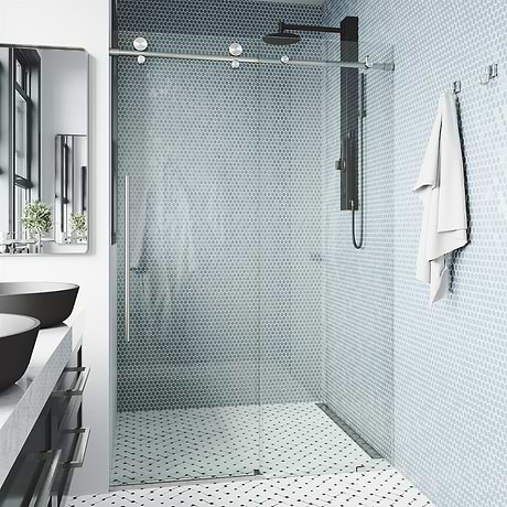 Volare 72x76 Reversible Sliding Shower Door with Clear Glass in Stainless Steel