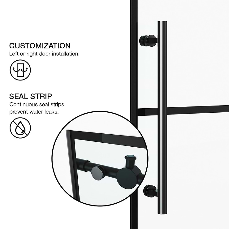 Gemello 72x74 Reversible Sliding Shower Door with Grid Glass in Matte Black