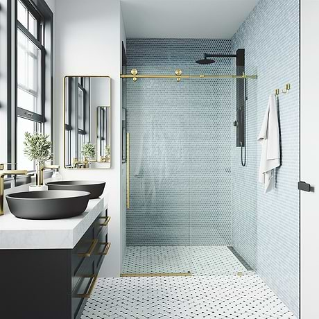 Volare 48x76 Reversible Sliding Shower Door with Clear Glass in Brushed Gold