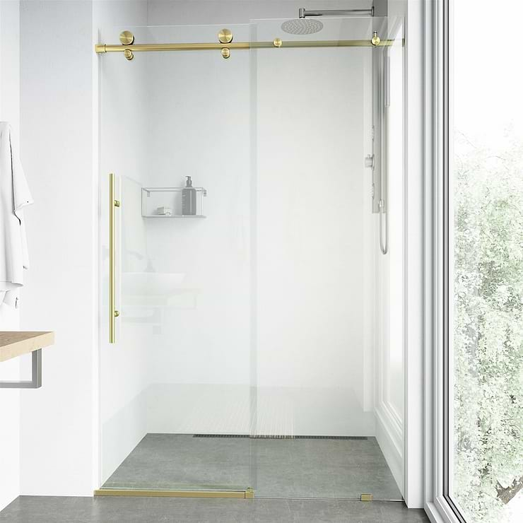 Volare 48x76 Reversible Sliding Shower Door with Clear Glass in Brushed Gold