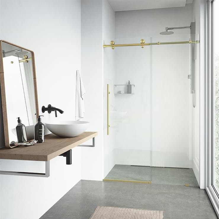 Volare 48x76 Reversible Sliding Shower Door with Clear Glass in Brushed Gold