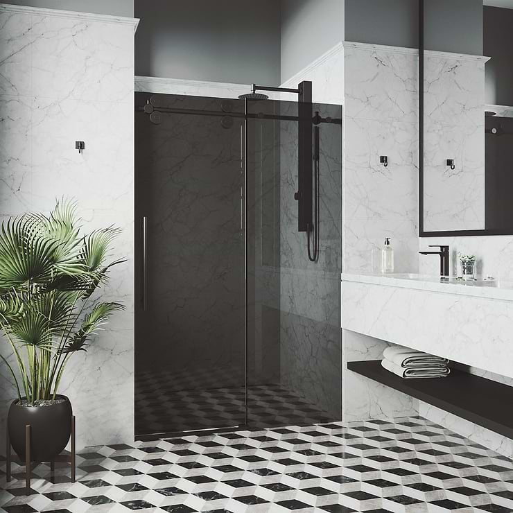 Gemello 60x74 Reversible Sliding Shower Door with Black Glass in Matte Black