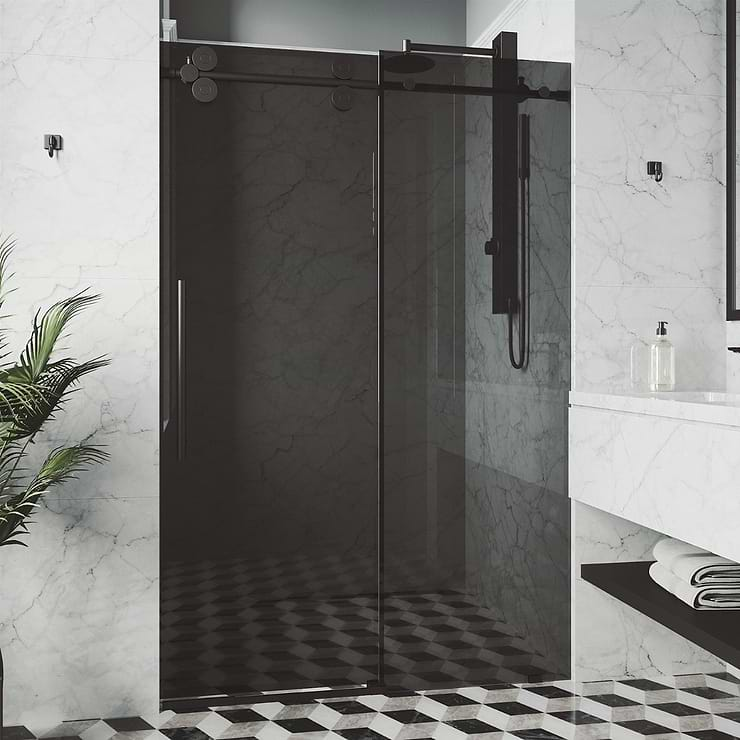 Gemello 60x74 Reversible Sliding Shower Door with Black Glass in Matte Black