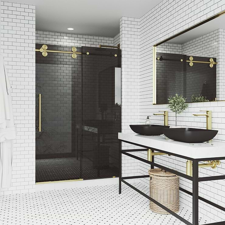 Gemello 60x74 Reversible Sliding Shower Door with Black Glass in Brushed Gold