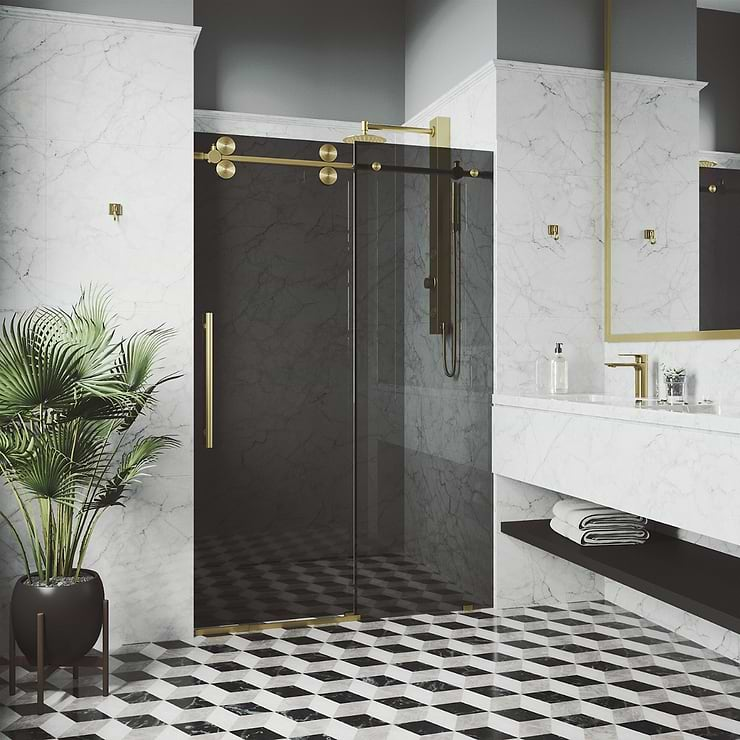 Gemello 60x74 Reversible Sliding Shower Door with Black Glass in Brushed Gold