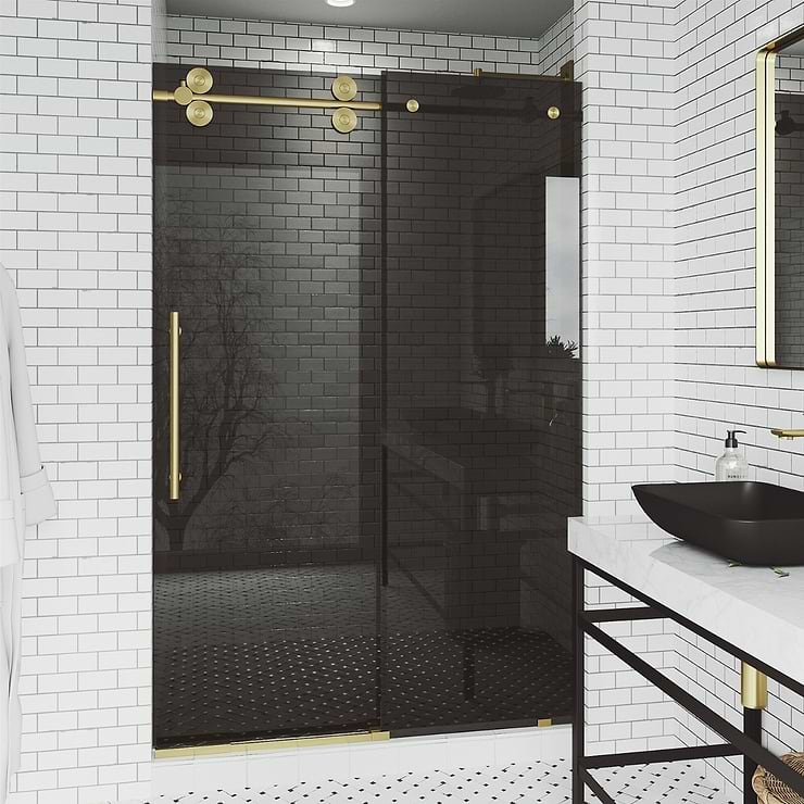 Gemello 60x74 Reversible Sliding Shower Door with Black Glass in Brushed Gold