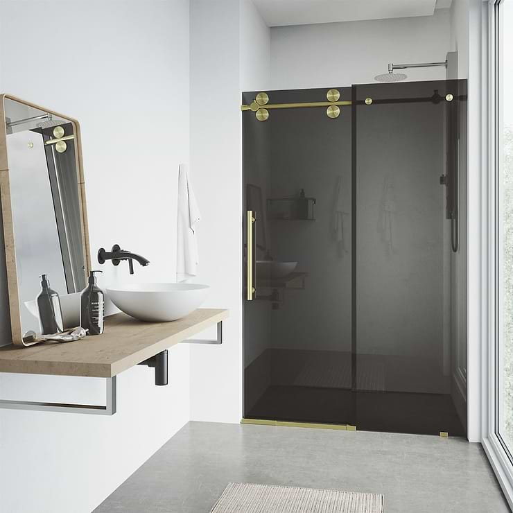 Gemello 60x74 Reversible Sliding Shower Door with Black Glass in Brushed Gold