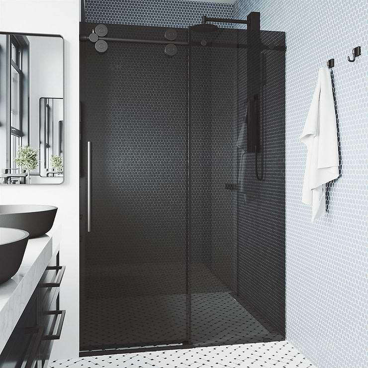 Gemello 72x74 Reversible Sliding Shower Door with Black Glass in Matte Black