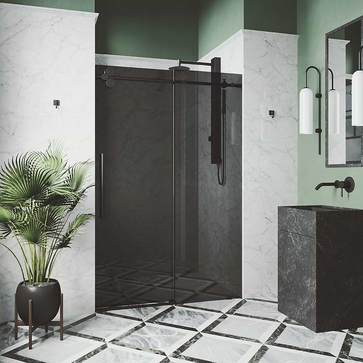 Gemello 72x74 Reversible Sliding Shower Door with Black Glass in Matte Black